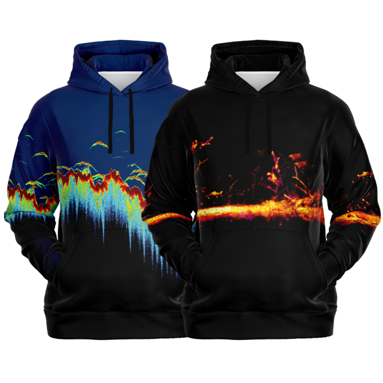 Two hoodies displayed: one with a blue background and a vibrant multicolored abstract pattern, the other black with fiery red and orange designs. Both feature drawstrings and a front pocket.