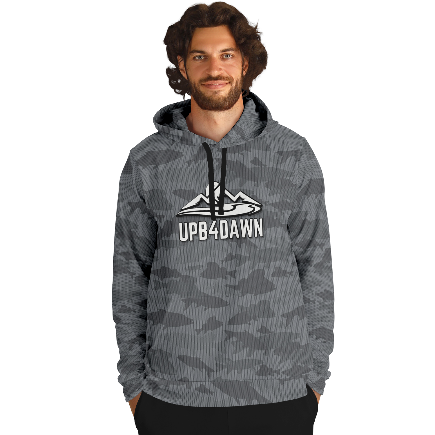 The Angler's Mirage Hoodie - Tri-Blend Hoodie - 6 Colors is a blue camouflage design featuring a graphic of a mountain with the brand name "UPB4DAWN" printed below it. This unisex fit hoodie has a drawstring hood and a front pouch pocket, with its vibrant fish camo pattern standing out against the black background.