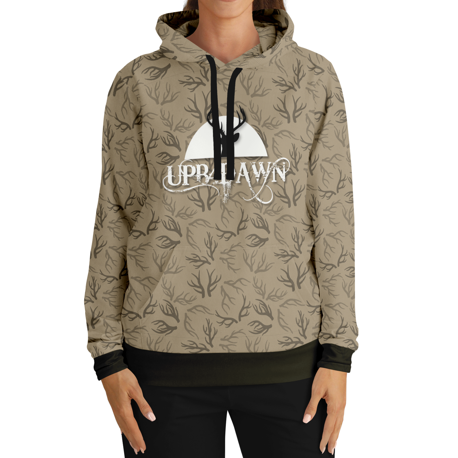 The Deer Hunter - Antler Whisper Pull Over Hoodie in Khaki is a unisex tri-blend hoodie featuring a black tree and branch pattern. The chest area showcases a striking black silhouette of a tree set against a white circle, highlighted by the "UPB4DAWN" logo in stylized white letters. This hoodie comes with convenient front pockets and is finished with black cuffs on the sleeves and waistband.