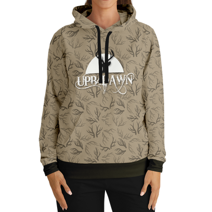 The Deer Hunter - Antler Whisper Pull Over Hoodie in Khaki is a unisex tri-blend hoodie featuring a black tree and branch pattern. The chest area showcases a striking black silhouette of a tree set against a white circle, highlighted by the "UPB4DAWN" logo in stylized white letters. This hoodie comes with convenient front pockets and is finished with black cuffs on the sleeves and waistband.