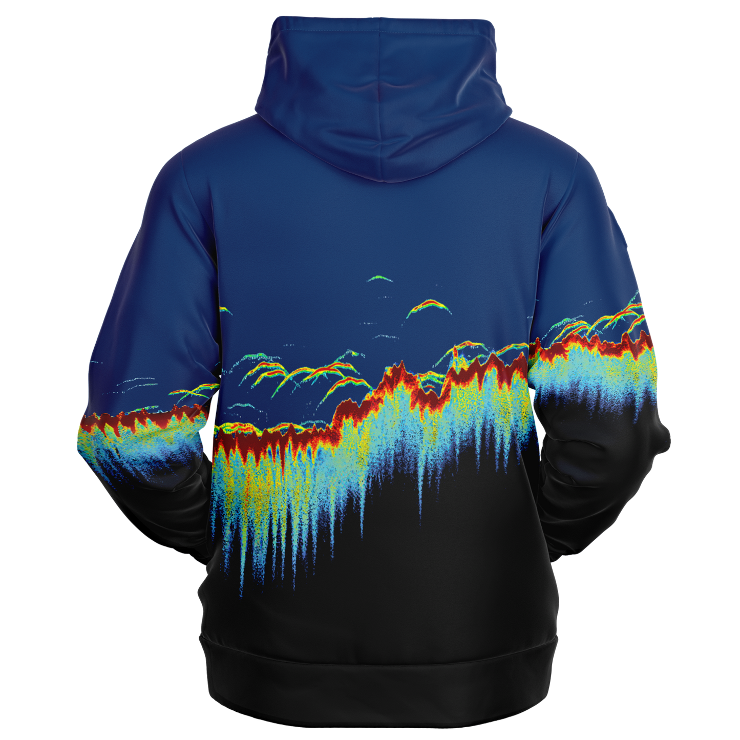 The Sonar Scan Zip-Up Hoodie - Tri-Blend is a unisex hoodie with a vibrant design on the back. The pattern showcases colorful, wave-like shapes in red, yellow, green, and blue set against a gradient background that transitions from dark blue at the top to black at the bottom. The hood features a solid dark blue color.