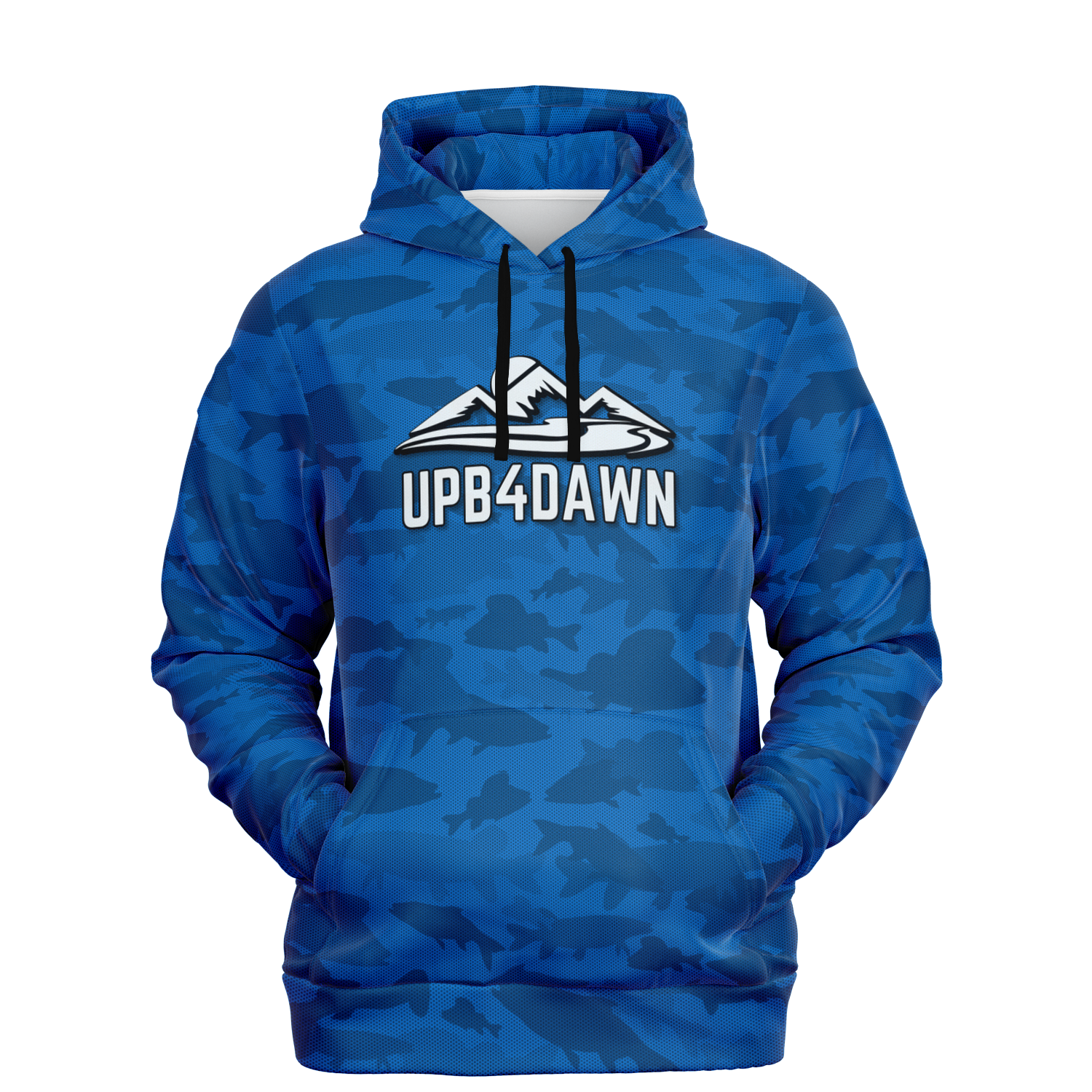 Fish camo hoodie showcasing the "UPB4DAWN" and mountain logo on the chest, embodying the spirit of the Angler's Mirage Pull Over Hoodie - 6 Colors.