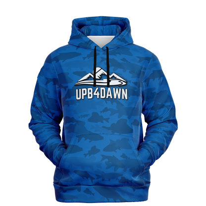 Fish camo hoodie showcasing the "UPB4DAWN" and mountain logo on the chest, embodying the spirit of the Angler's Mirage Pull Over Hoodie - 6 Colors.