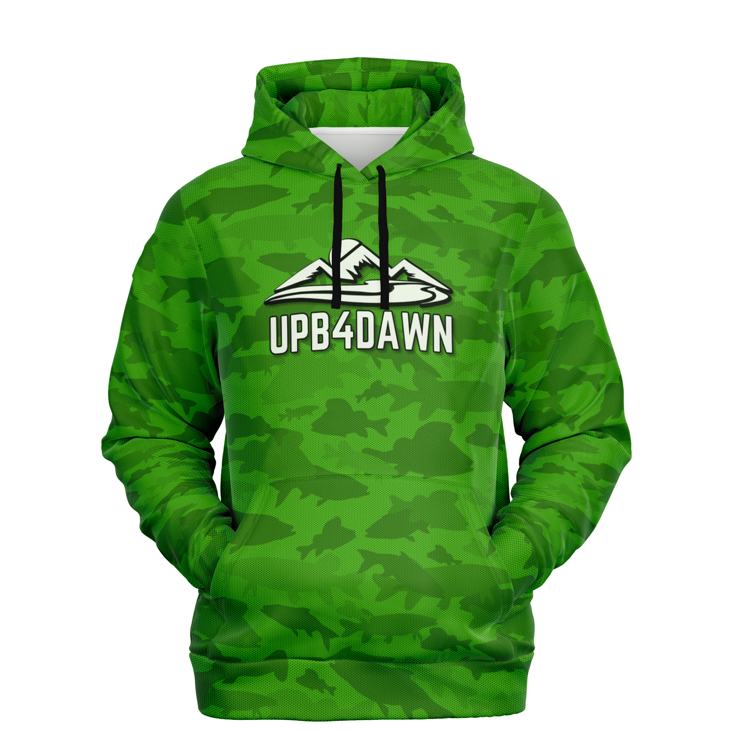 The Angler's Mirage Hoodie - Tri-Blend Hoodie - 6 Colors is a blue camouflage design featuring a graphic of a mountain with the brand name "UPB4DAWN" printed below it. This unisex fit hoodie has a drawstring hood and a front pouch pocket, with its vibrant fish camo pattern standing out against the black background.