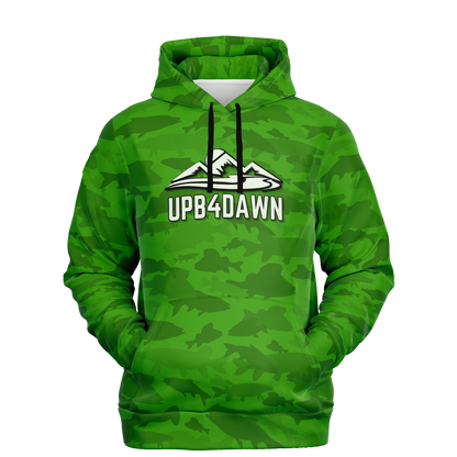 The Angler's Mirage Hoodie - Tri-Blend Hoodie - 6 Colors is a blue camouflage design featuring a graphic of a mountain with the brand name "UPB4DAWN" printed below it. This unisex fit hoodie has a drawstring hood and a front pouch pocket, with its vibrant fish camo pattern standing out against the black background.