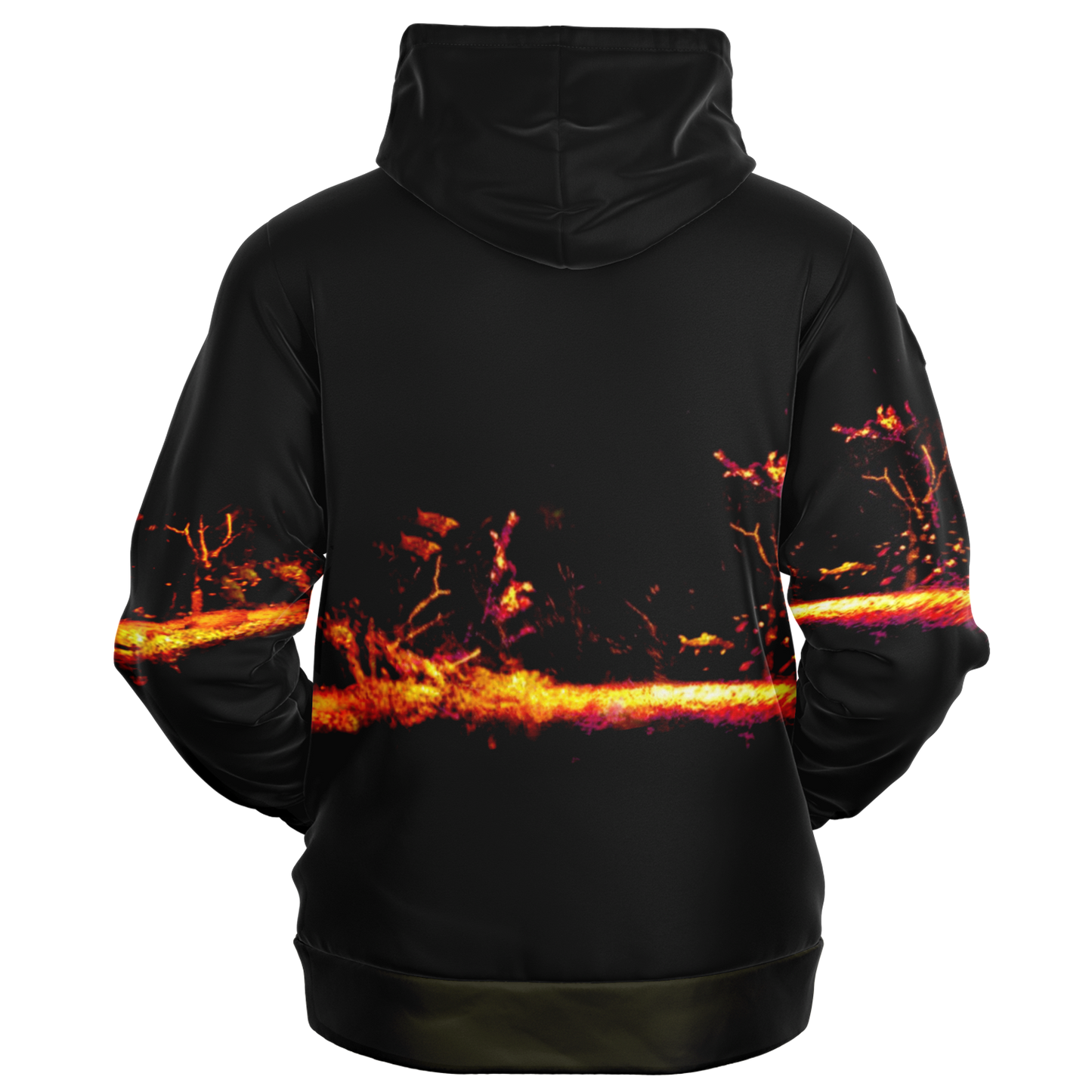 Introducing the Sonar Live Zip-Up Hoodie: a black hoodie showcasing a vibrant red and orange abstract design that mimics a sonar screen pattern across the back and sleeves, set against a plain black background. Ideal for injecting some style into any fishing wardrobe.