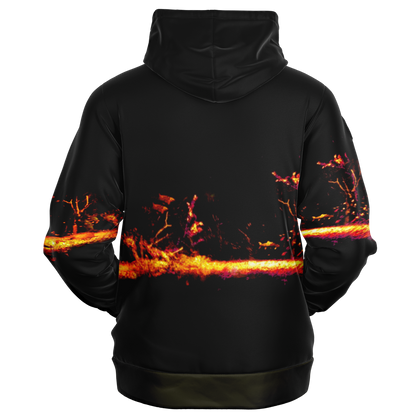 Introducing the Sonar Live Zip-Up Hoodie: a black hoodie showcasing a vibrant red and orange abstract design that mimics a sonar screen pattern across the back and sleeves, set against a plain black background. Ideal for injecting some style into any fishing wardrobe.