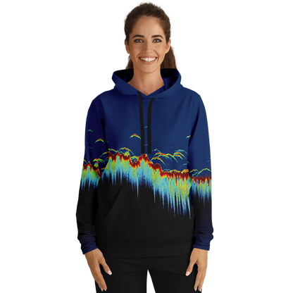 Introducing the Sonar Scan Pull Over Hoodie - Tri-Blend: a dynamic addition to your fishing wardrobe. This hoodie features an abstract design with vibrant colors resembling underwater fish movements or a digital soundwave. The top fades from dark blue to black, with bright green, yellow, red, and light blue accents cascading down.