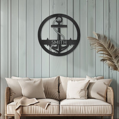 Elaborate Anchor customizable laser-cut steel sign on wooden wall in cozy living room setting.