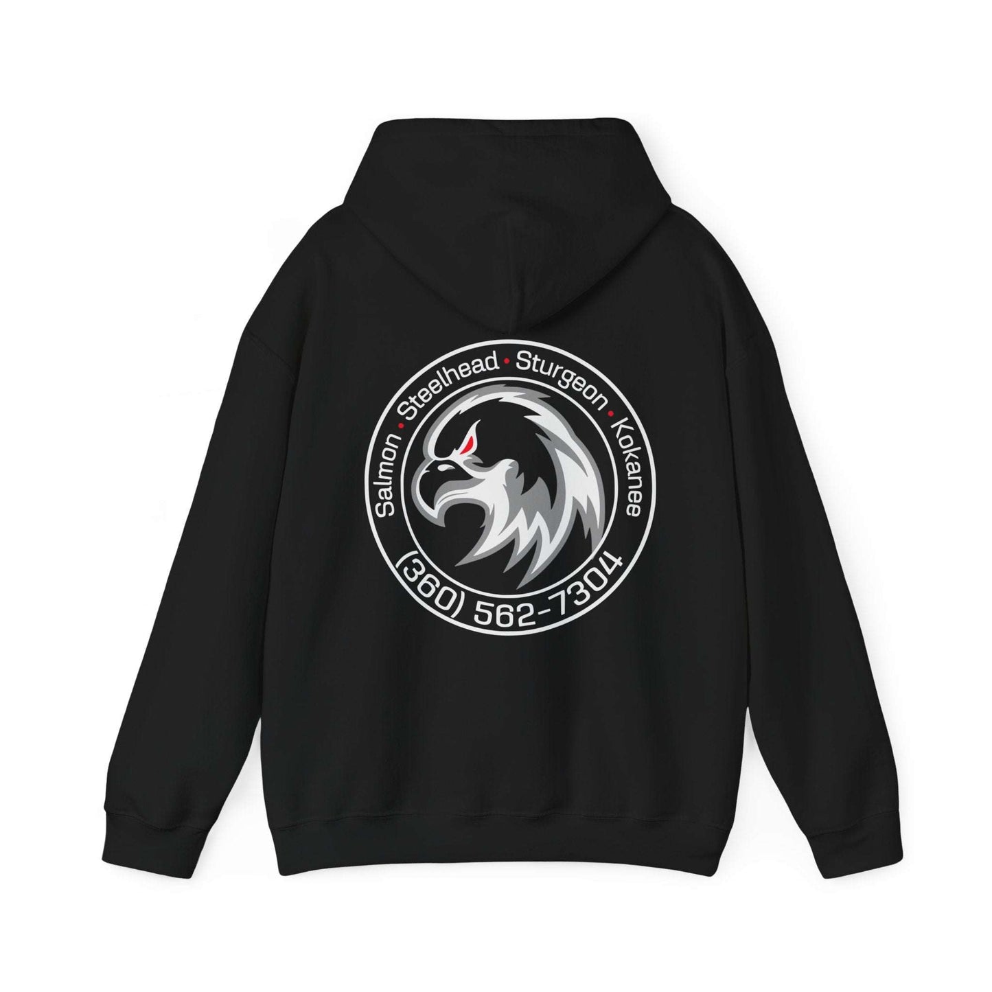 A black unisex Eagle Hoodie in dark colors from Full Tilt Outdoors features a front pocket and is made from an ethically grown cotton/poly blend. The hoodie showcases "FULLTILT OUTDOORS" on the front in bold, stylized white and red letters.