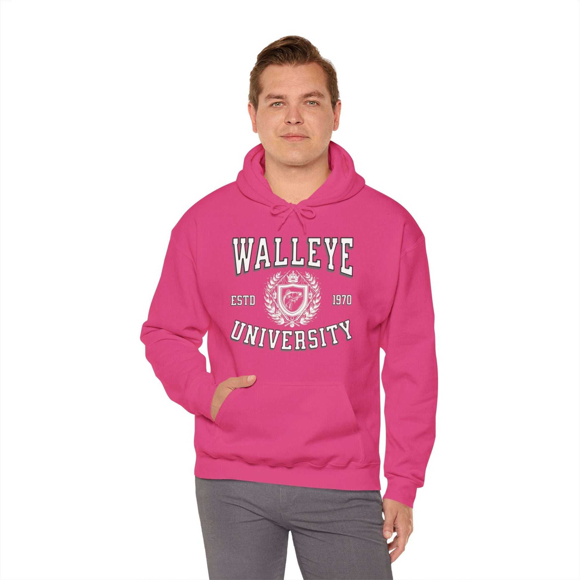 A gray Walleye University - Cotton/Poly Blend Hoodie - 7 Colors with the text "Walleye University" in large black letters and "ESTD 1970" underneath, accompanied by a Walleye University Crest. A red diagonal banner reads "Personalize Year." The hoodie has a front pocket and drawstrings, perfect for showing angler pride.