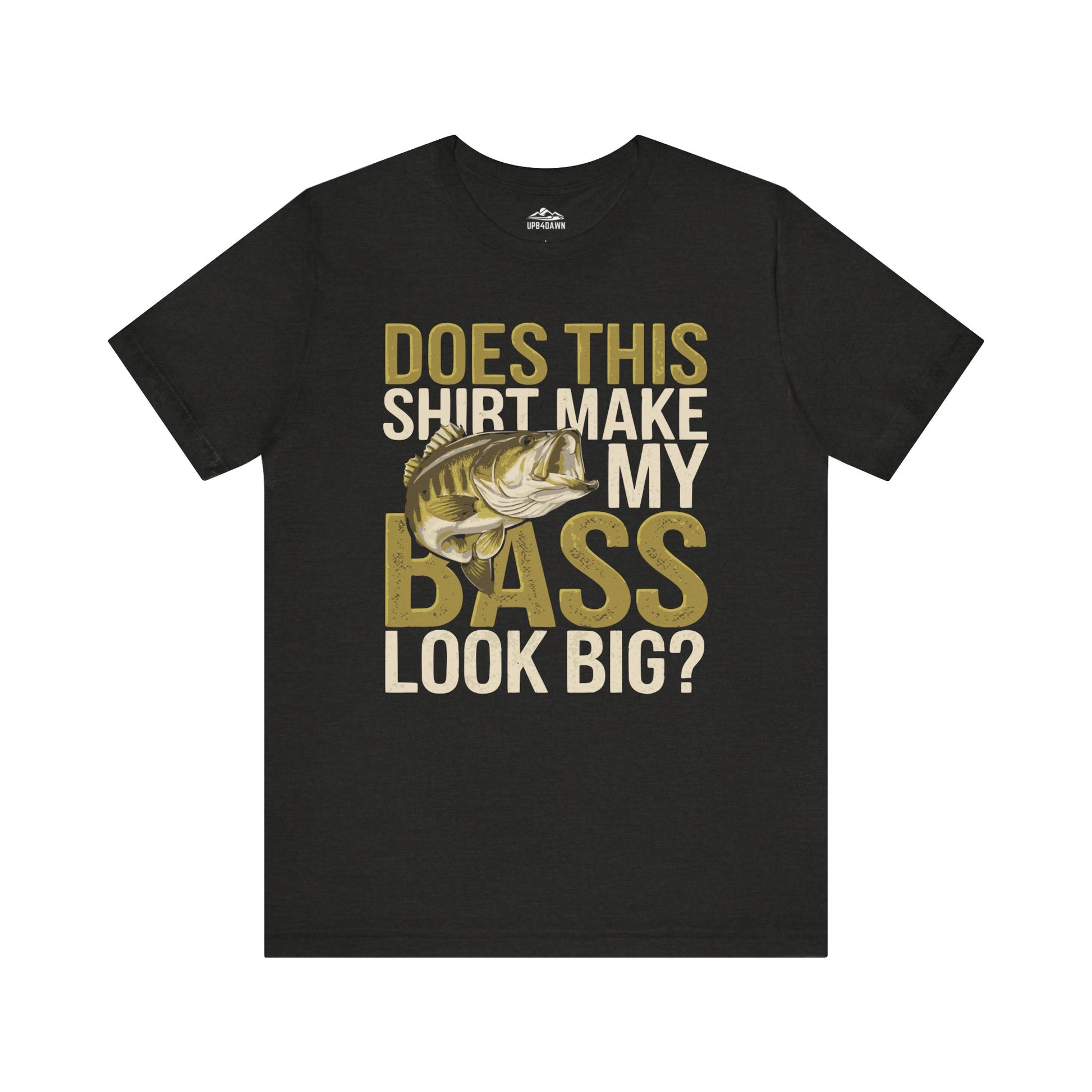 The black unisex "Does This Shirt Make My Bass Look Big?" t-shirt showcases a humorous graphic of a bass fish with the witty question, making it an ideal choice for fishing enthusiasts with a sense of humor.