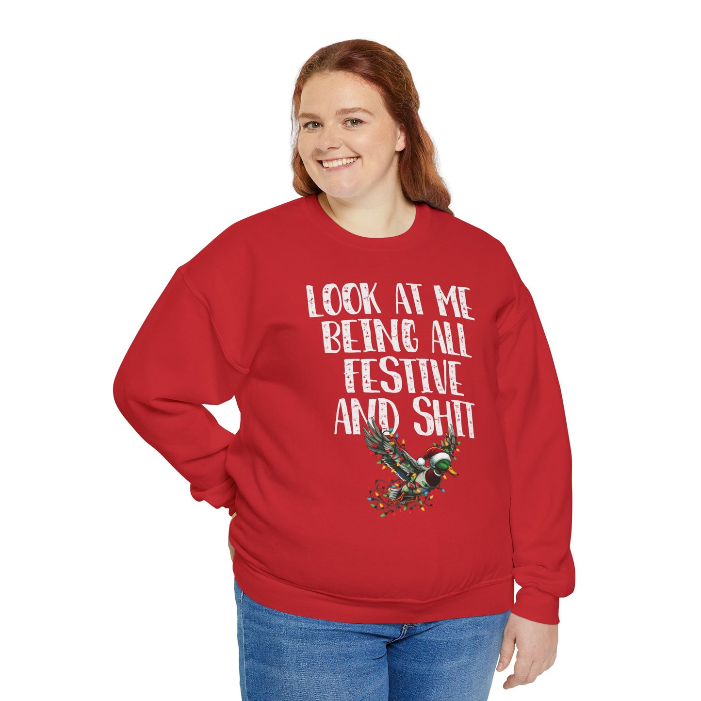 Festive Duck Sweatshirt: 'Look at Me Being All Festive and Shit' Unisex Red Pullover