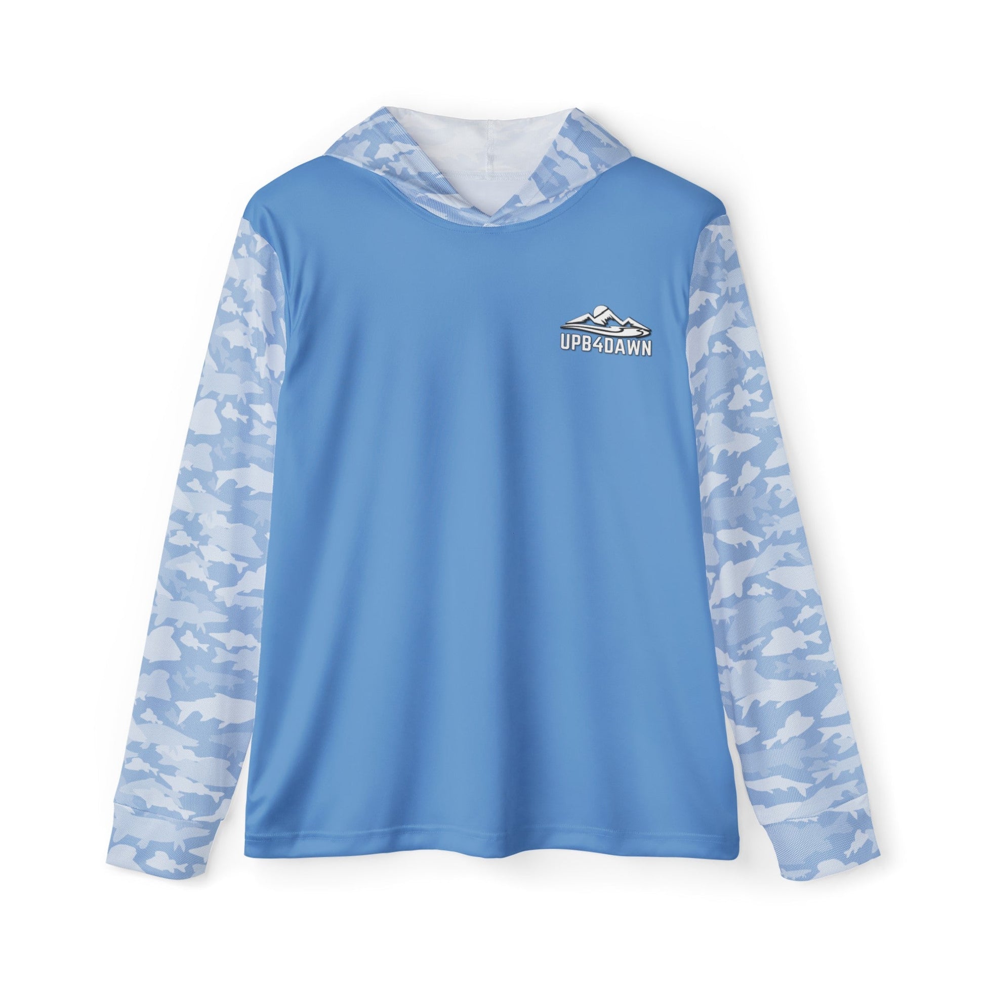 A light blue hooded long-sleeve CastAway Camo Sun Protection Hoodie UPF +50 with white and blue camouflage pattern on the sleeves and hood. The chest area features a small logo with mountains and the text "UP B4 DAWN." Crafted from moisture-wicking polyester, it offers UPF +50 protection, perfect for any outdoor adventure.