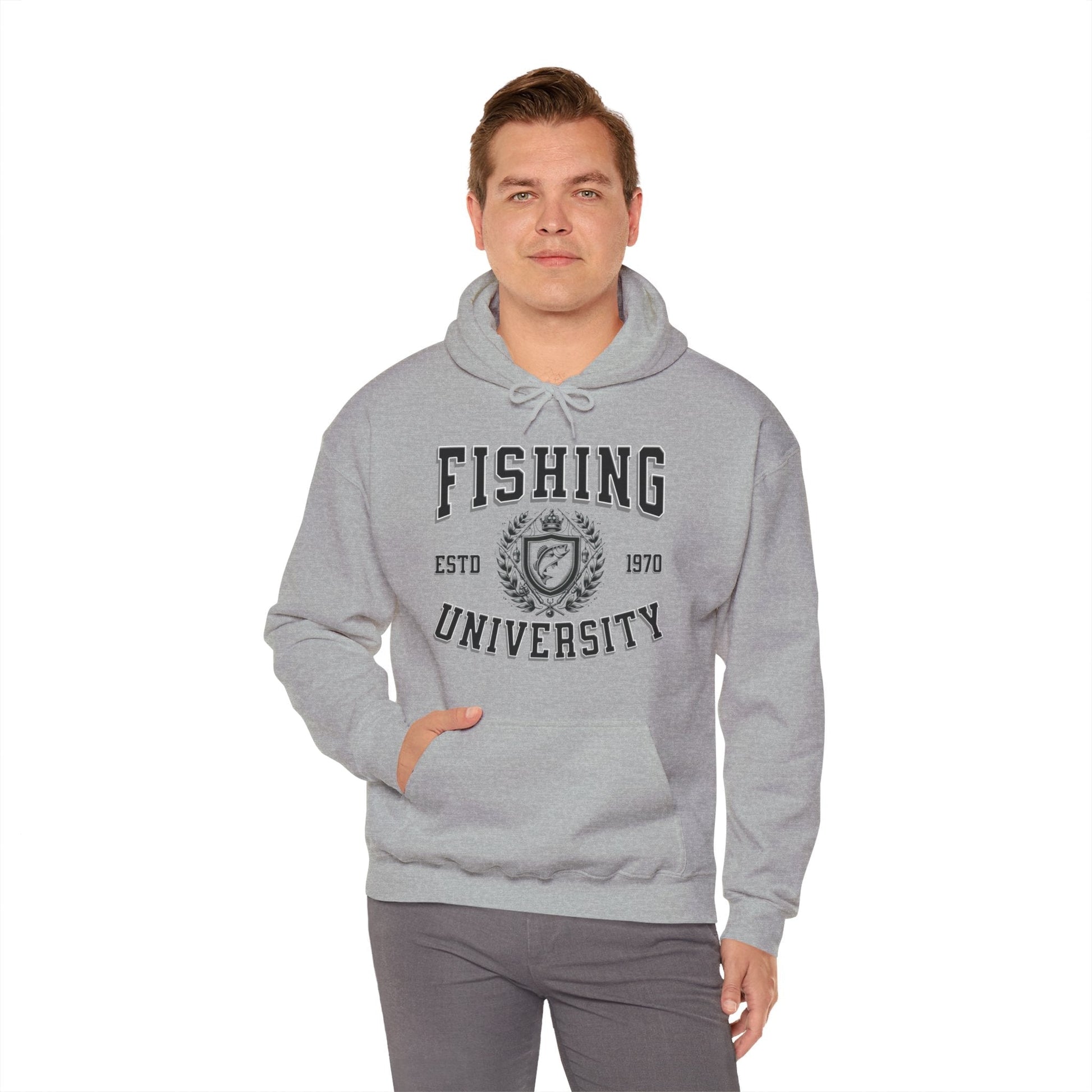 A green **Fishing University - Cotton/Poly Blend Hoodie - 7 Colors** with "Fishing University" printed in white letters on the front. The design includes "ESTD 1970" and a crest with a fish image. A red banner in the top left corner says "PERSONALIZE YEAR." This personalized hoodie features a front pocket and drawstrings.