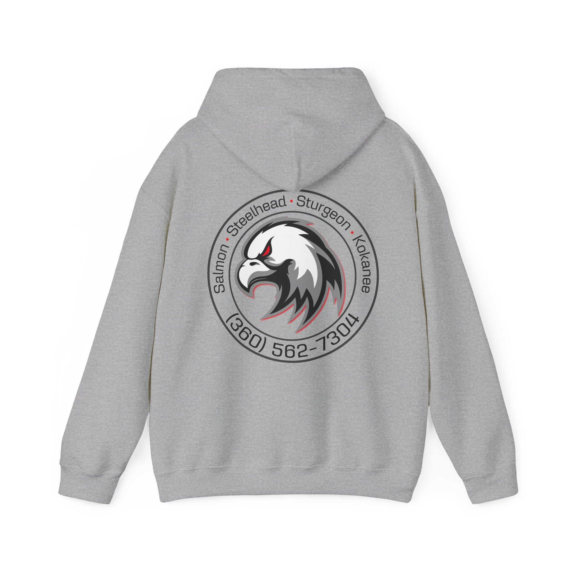 Gray Full Tilt Outdoors - Angry Eagle - Cotton/Poly Blend Hoodie with "fulltilt outdoors" printed in black and red letters on the front, featuring a drawstring hood and a plain back.