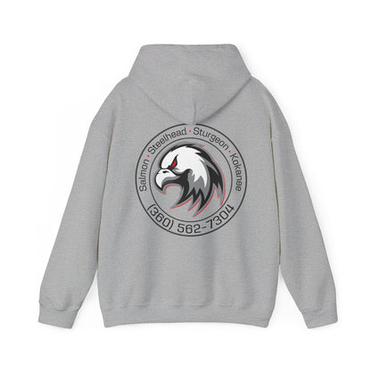 Gray Full Tilt Outdoors - Angry Eagle - Cotton/Poly Blend Hoodie with "fulltilt outdoors" printed in black and red letters on the front, featuring a drawstring hood and a plain back.