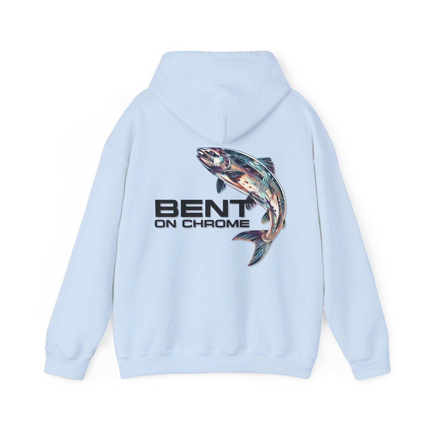 A Bent On Chrome - Silver Salmon - Cotton/Poly Blend Hoodie featuring a colorful graphic of a fish, with the text "Bent On Chrome" underneath, displayed on a white background.