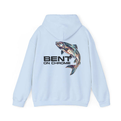 A Bent On Chrome - Silver Salmon - Cotton/Poly Blend Hoodie featuring a colorful graphic of a fish, with the text "Bent On Chrome" underneath, displayed on a white background.