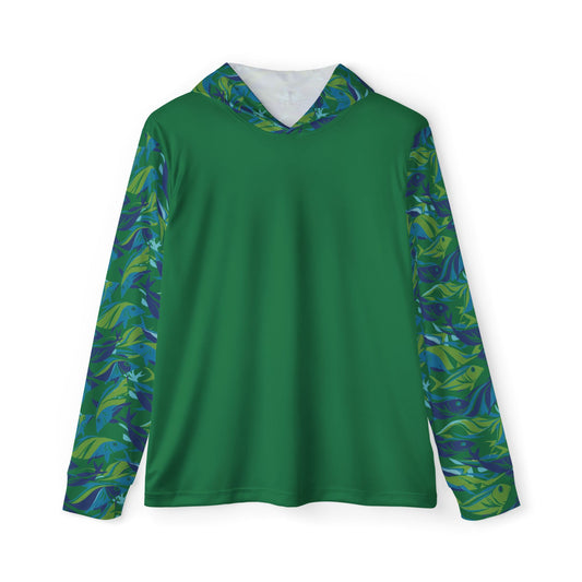 The Whimsical Fish Sun Protection Hoodie UPF +50 in green features long sleeves with a vibrant tropical leaf pattern in shades of blue and green. The main body is a solid green, providing excellent sun protection with its UPF +50 rating.