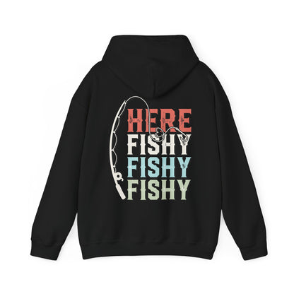 Fishing hoodie with "Here Fishy, Fishy, Fishy" double-sided print in cotton/poly blend.