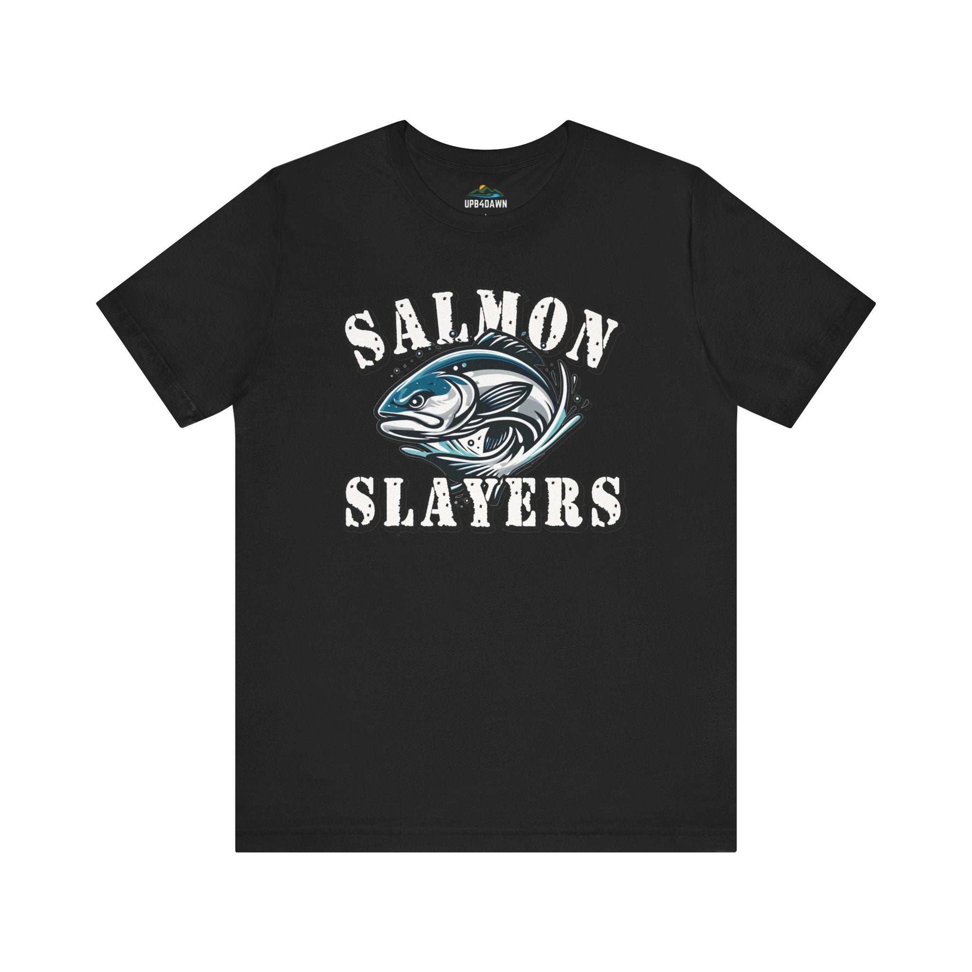 A blue unisex T-shirt made from 100% Airlume cotton featuring the text "Salmon Slayers" in bold, white, distressed letters. Below, an illustration of a fierce-looking fish with sharp teeth and dynamic lines suggests movement. Enjoy fast shipping on this striking design: **Slamon Slayers - Fierce Flash - T-Shirt**.