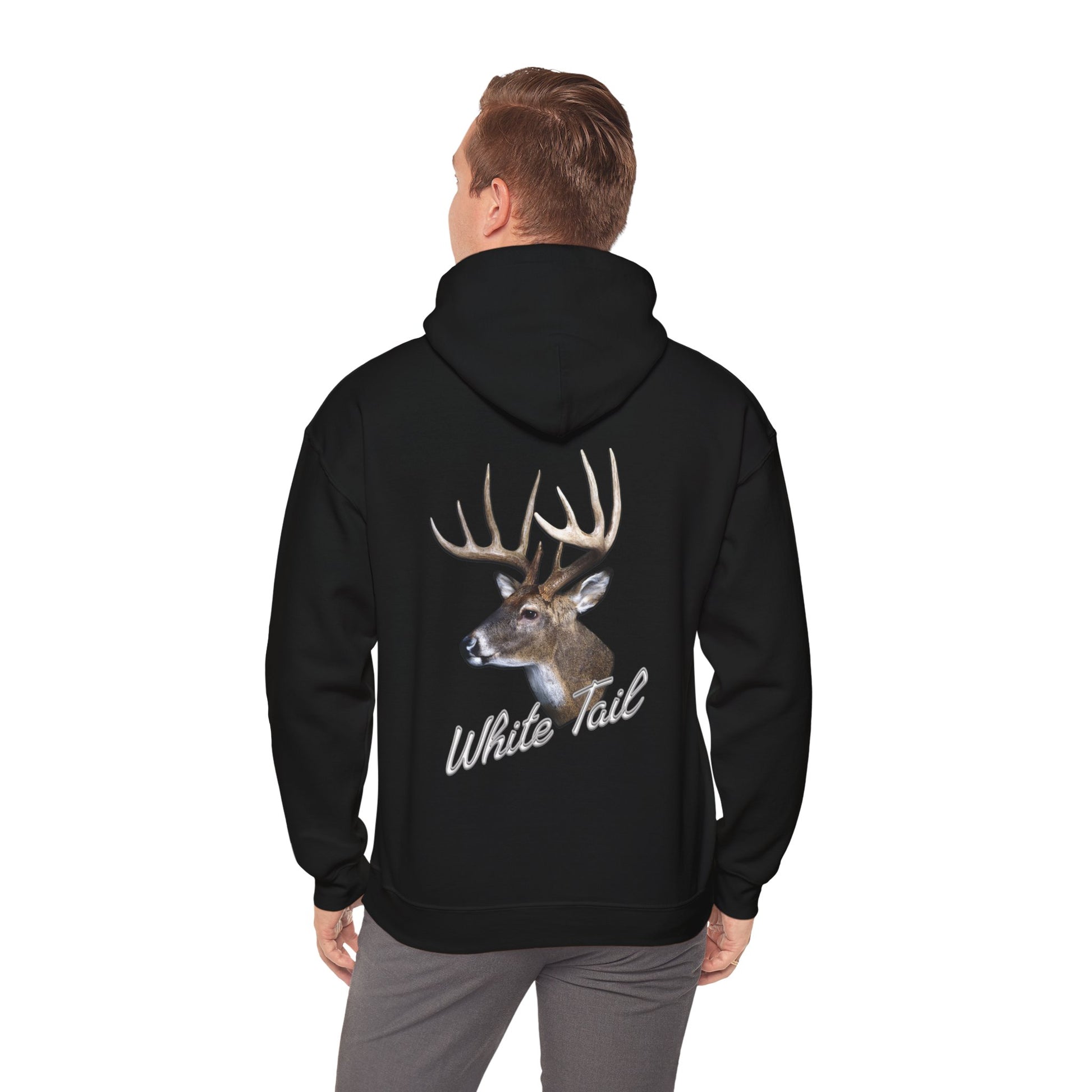 White-Tail Hunter's Tribute hoodie with a graphic of a deer head and the words "white tail" printed below it on the back. The hoodie has a hood and is displayed against a white background.