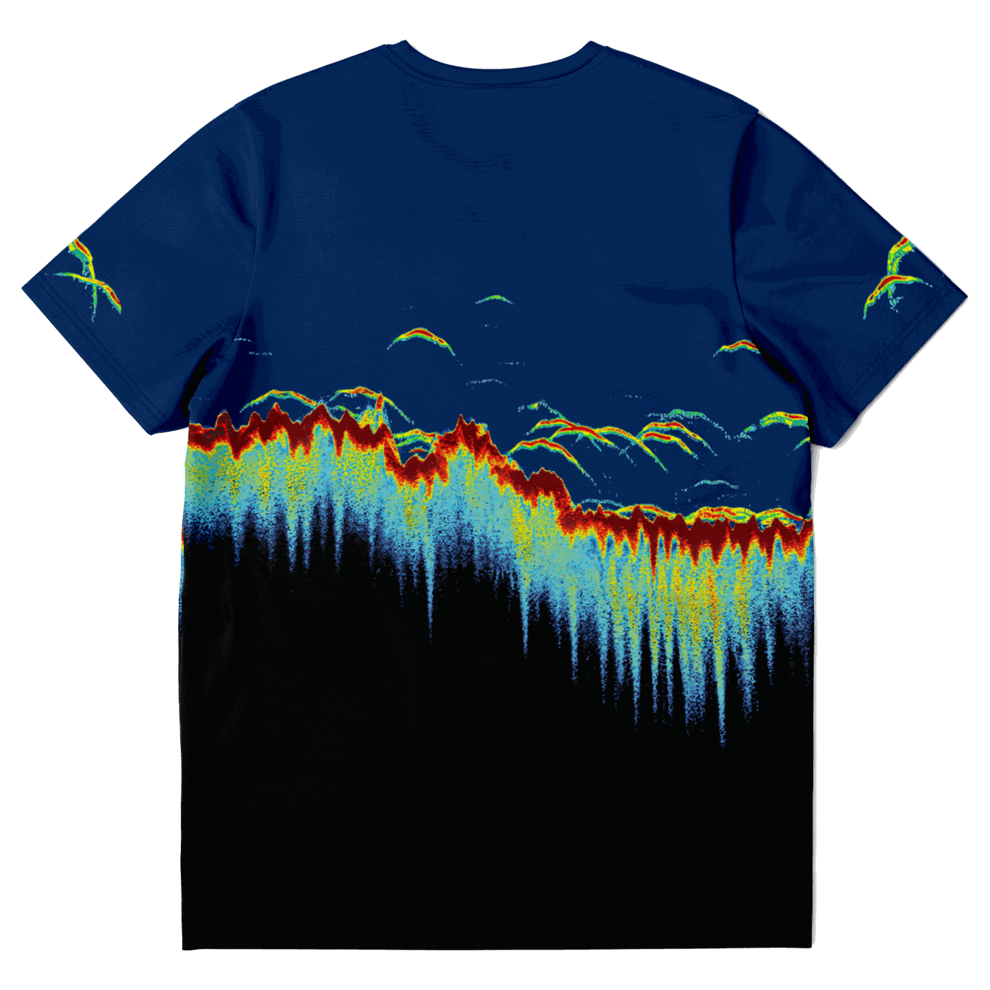 Sonar Scan Short Sleeve T-shirt with vibrant sonar screen pattern, unisex fit, 100% polyester fabric, custom printed design.