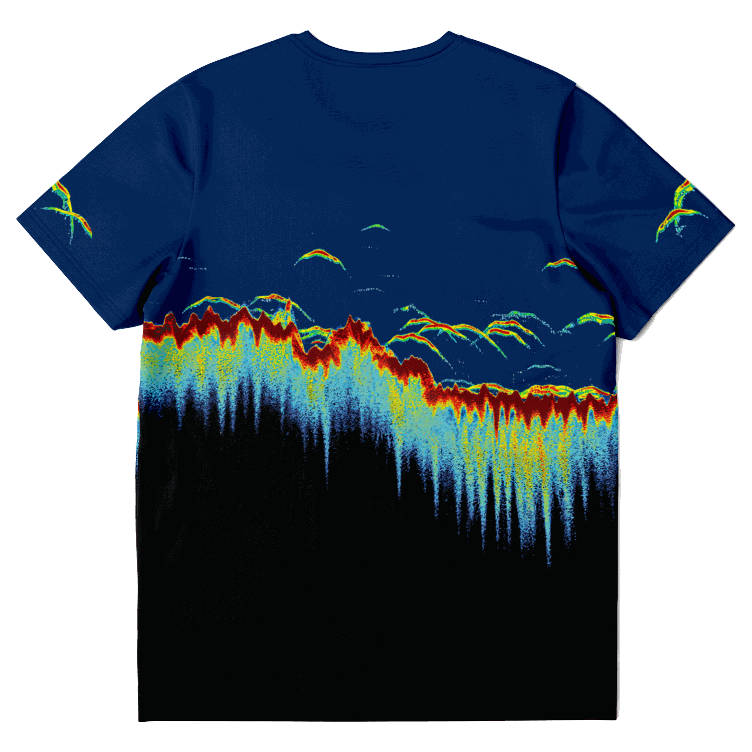 Sonar Scan Short Sleeve T-shirt with vibrant sonar screen pattern, unisex fit, 100% polyester fabric, custom printed design.