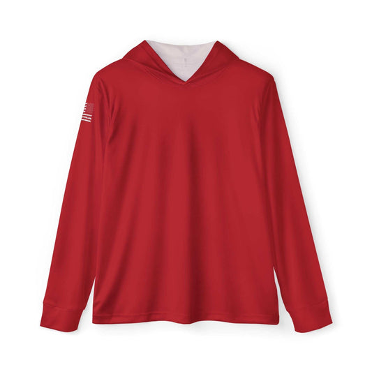 The Patriotic - Sun Protection Long Sleeve with Hood UPF +50 in red features a stylish American flag patch on the right sleeve, providing top-notch sun protection, and is showcased against a white background.