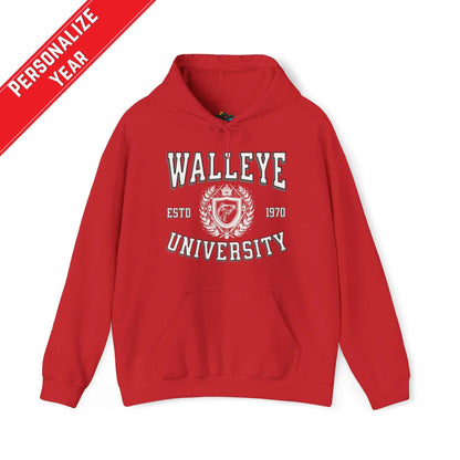 A gray Walleye University - Cotton/Poly Blend Hoodie - 7 Colors with the text "Walleye University" in large black letters and "ESTD 1970" underneath, accompanied by a Walleye University Crest. A red diagonal banner reads "Personalize Year." The hoodie has a front pocket and drawstrings, perfect for showing angler pride.