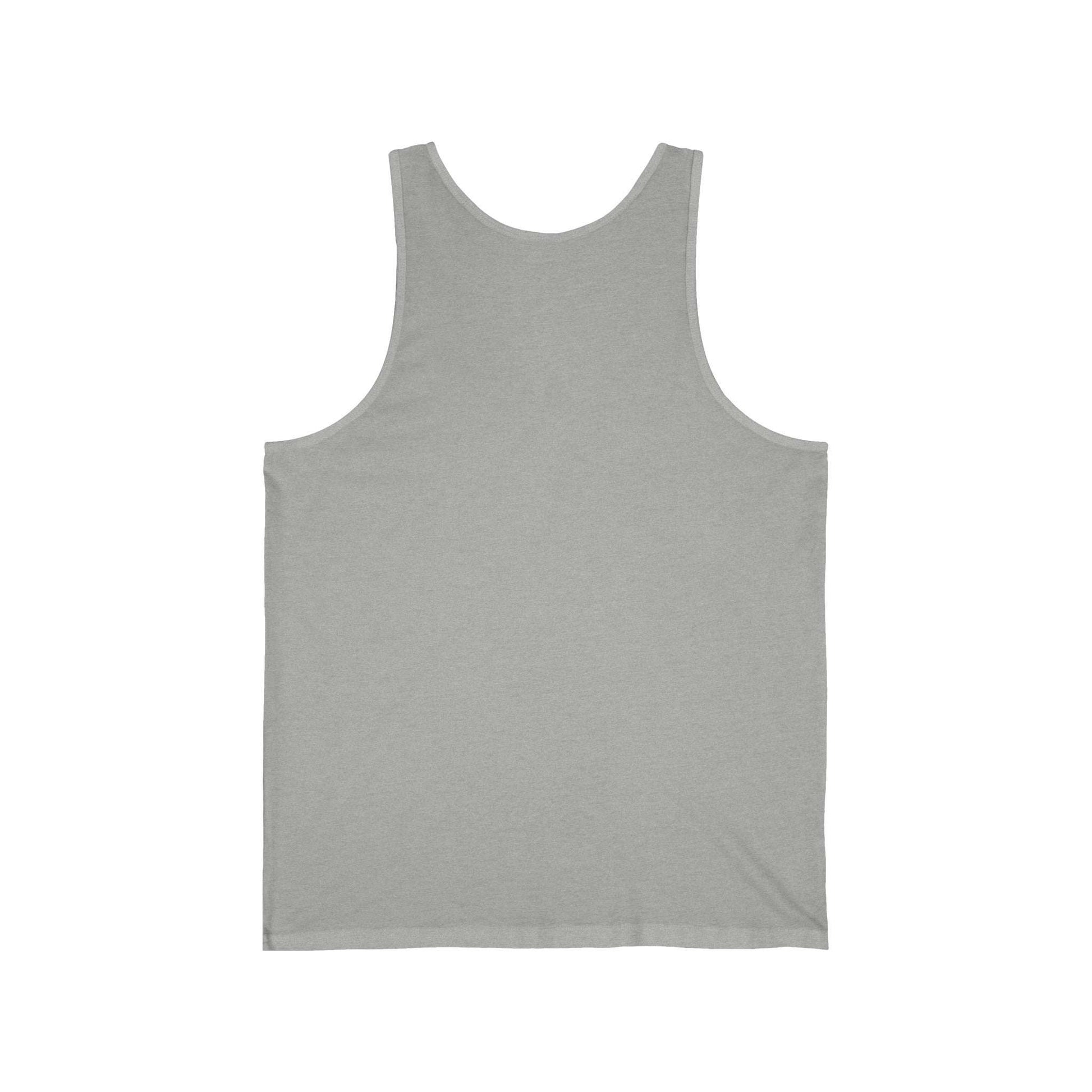 A dark green unisex jersey tank top featuring the text "Salmon Slayers" in bold, distressed white letters. Below the text is a high quality print illustration of a salmon, predominantly blue and gray, with fishing hooks. Made from Airlume combed cotton, the brand name "Up & Clown" is visible on the inner label. This product is known as Salmon Slayers - Fierce Flash - Unisex Tank Top.