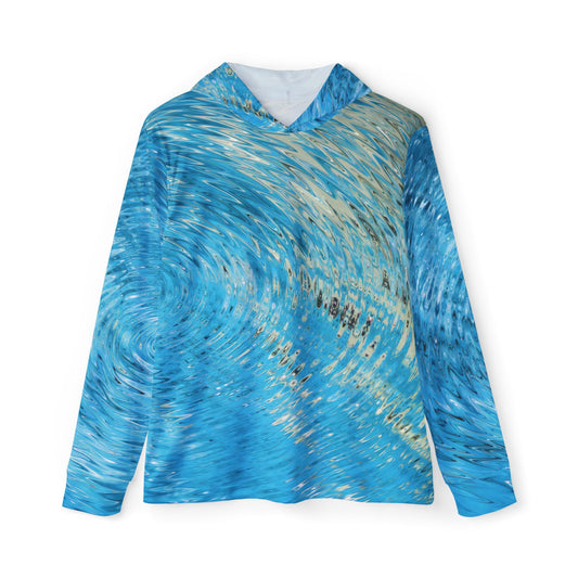 Introducing the Water Ripples Sun Protection Hoodie UPF +50 in Blue—a long-sleeve option enhanced with a vivid, abstract swirl pattern in blue and beige that mirrors the essence of water ripples. Crafted from moisture-wicking polyester for maximum comfort, it provides superior UV protection with a UPF rating of +50. The design is artfully showcased against a plain white background, creating an eye-catching contrast.