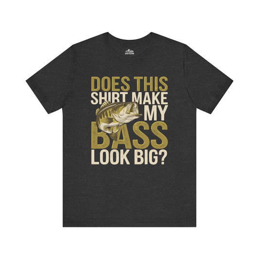 The "Does This Shirt Make My Bass Look Big?" unisex t-shirt in dark gray humorously showcases the witty phrase paired with an inventive bass fish illustration integrated into the word "BASS," making it an ideal choice for fishing enthusiasts who enjoy a stylish catch.