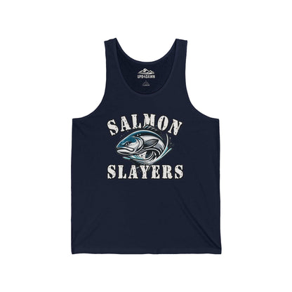 A dark green unisex jersey tank top featuring the text "Salmon Slayers" in bold, distressed white letters. Below the text is a high quality print illustration of a salmon, predominantly blue and gray, with fishing hooks. Made from Airlume combed cotton, the brand name "Up & Clown" is visible on the inner label. This product is known as Salmon Slayers - Fierce Flash - Unisex Tank Top.