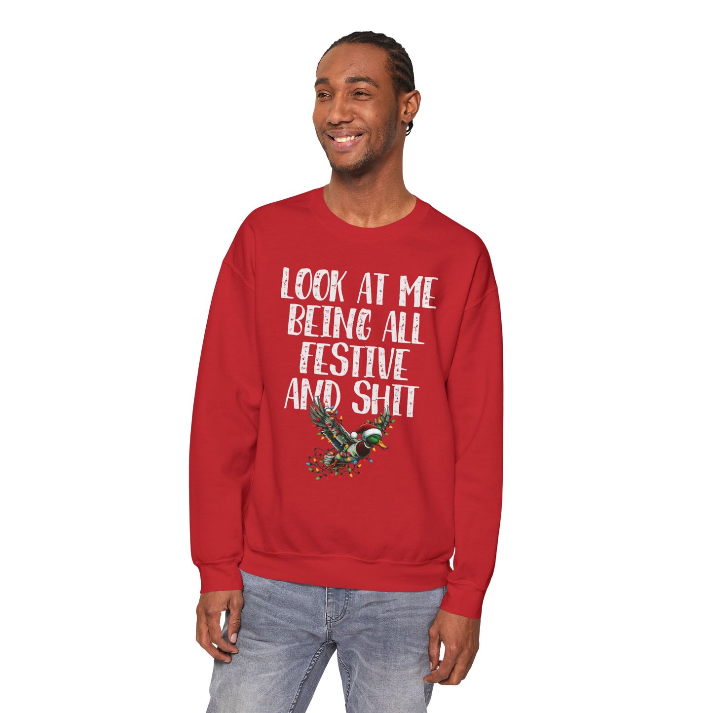 Festive Duck Sweatshirt: 'Look at Me Being All Festive and Shit' Unisex Red Pullover