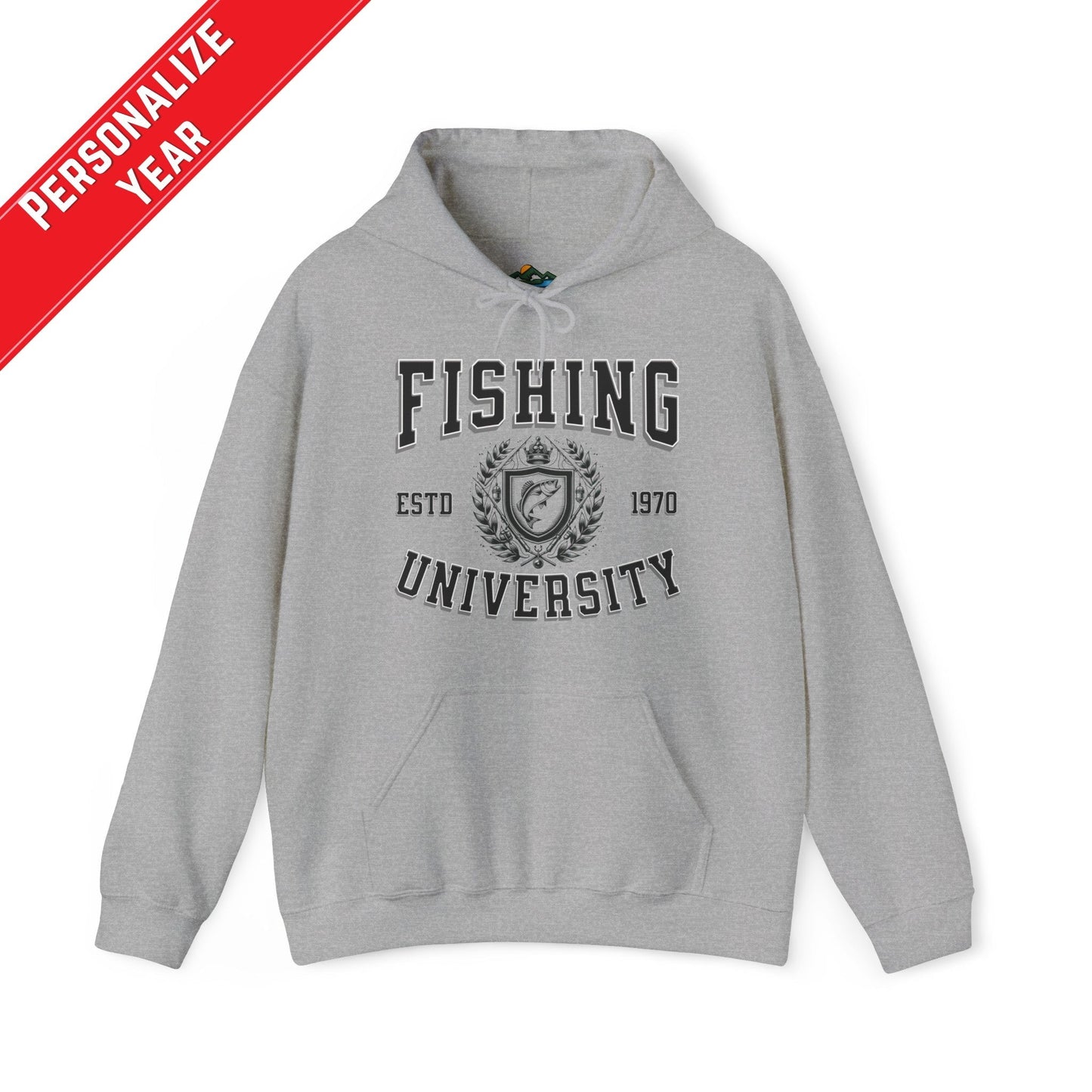 A green **Fishing University - Cotton/Poly Blend Hoodie - 7 Colors** with "Fishing University" printed in white letters on the front. The design includes "ESTD 1970" and a crest with a fish image. A red banner in the top left corner says "PERSONALIZE YEAR." This personalized hoodie features a front pocket and drawstrings.