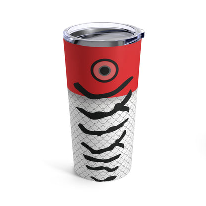 Introducing the "Lure - Red & White - Printed Tumbler - 20oz": a tall, cylindrical tumbler with a lid. Crafted from stainless steel with double-wall insulation, this tumbler resembles a fish, featuring a red top with a black eye and a white bottom decorated with black scales and curved lines that mimic the body and tail.