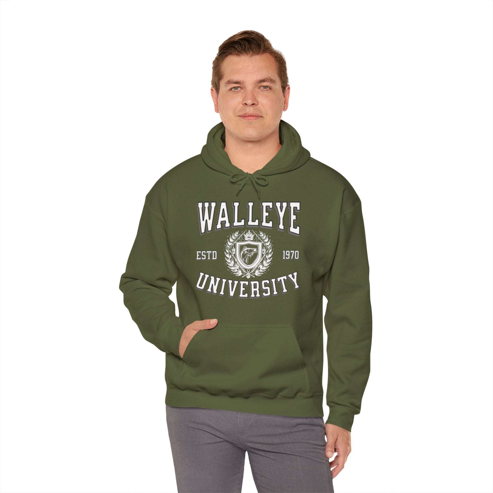 A gray Walleye University - Cotton/Poly Blend Hoodie - 7 Colors with the text "Walleye University" in large black letters and "ESTD 1970" underneath, accompanied by a Walleye University Crest. A red diagonal banner reads "Personalize Year." The hoodie has a front pocket and drawstrings, perfect for showing angler pride.