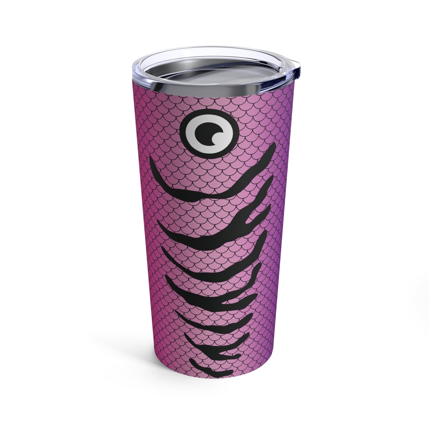 The Lure - Pink & Purple - Printed Tumbler - 20oz features a tall, pink design with a fish scale pattern and a single, large cartoonish eye near the top. This fishing lure tumbler offers double-wall insulation and comes with a clear plastic lid.