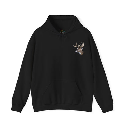 White-Tail Hunter's Tribute hoodie with a graphic of a deer head and the words "white tail" printed below it on the back. The hoodie has a hood and is displayed against a white background.