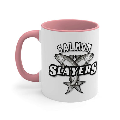 Salmon Slayers - Accent Coffee Mug, 11oz with a colored interior and handle, featuring a black and white illustration of two crossed salmons and the text "salmon slayers" on its side.