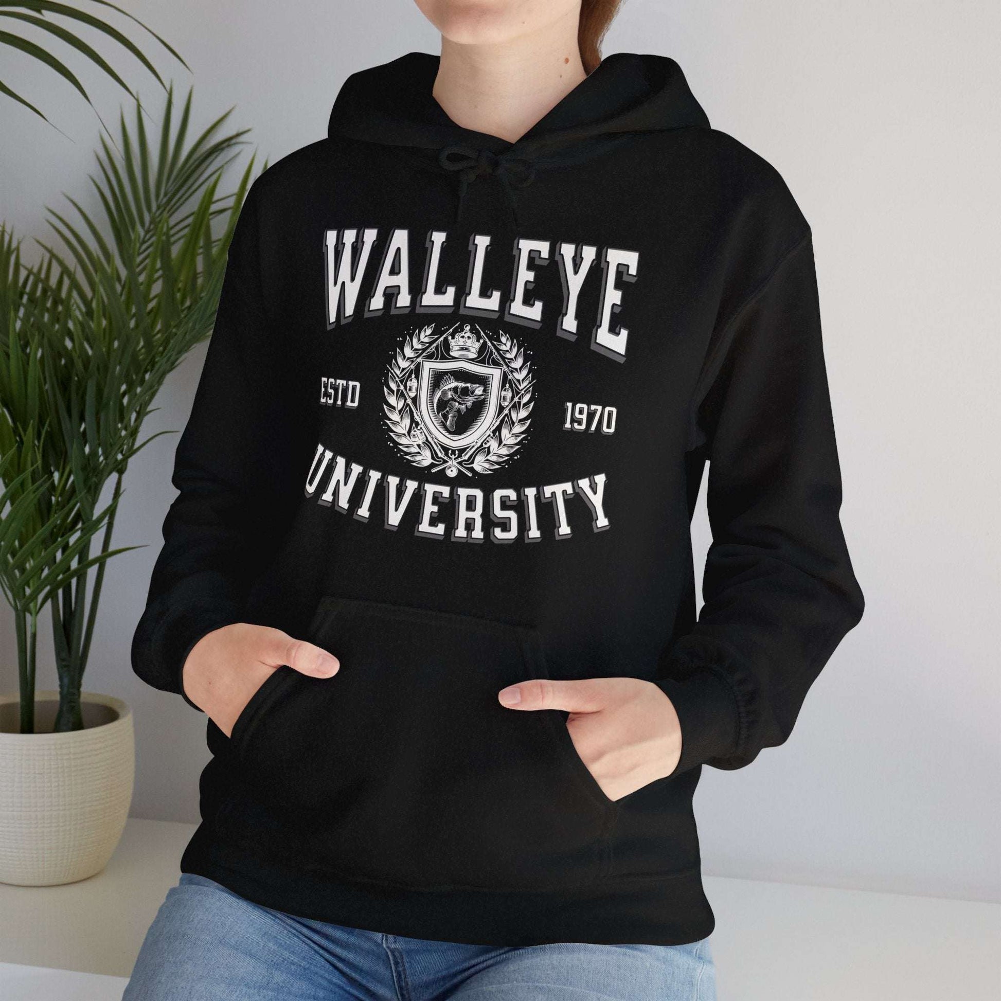 A gray Walleye University - Cotton/Poly Blend Hoodie - 7 Colors with the text "Walleye University" in large black letters and "ESTD 1970" underneath, accompanied by a Walleye University Crest. A red diagonal banner reads "Personalize Year." The hoodie has a front pocket and drawstrings, perfect for showing angler pride.