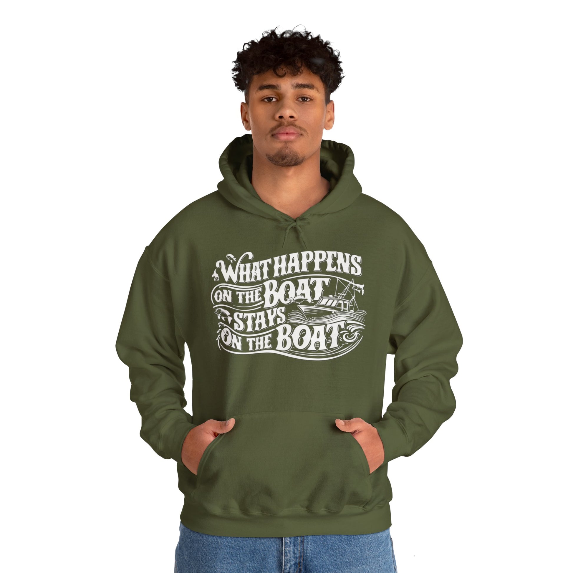 What Happens on the Boat, Stays on the Boat - Cotton/Poly Blend Hoodie - 7 Color Choices featuring white text that says "What Happens on the Boat Stays on the Boat" with fishing hooks and a boat illustration integrated into the design. The unisex hooded sweatshirt has a front pocket and drawstring hood, perfect for those with an adventurous spirit.