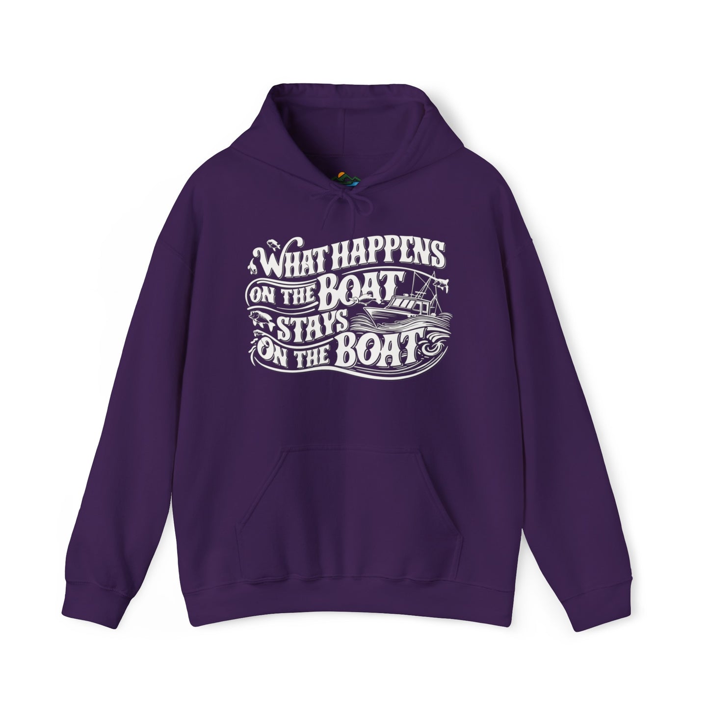 What Happens on the Boat, Stays on the Boat - Cotton/Poly Blend Hoodie - 7 Color Choices featuring white text that says "What Happens on the Boat Stays on the Boat" with fishing hooks and a boat illustration integrated into the design. The unisex hooded sweatshirt has a front pocket and drawstring hood, perfect for those with an adventurous spirit.