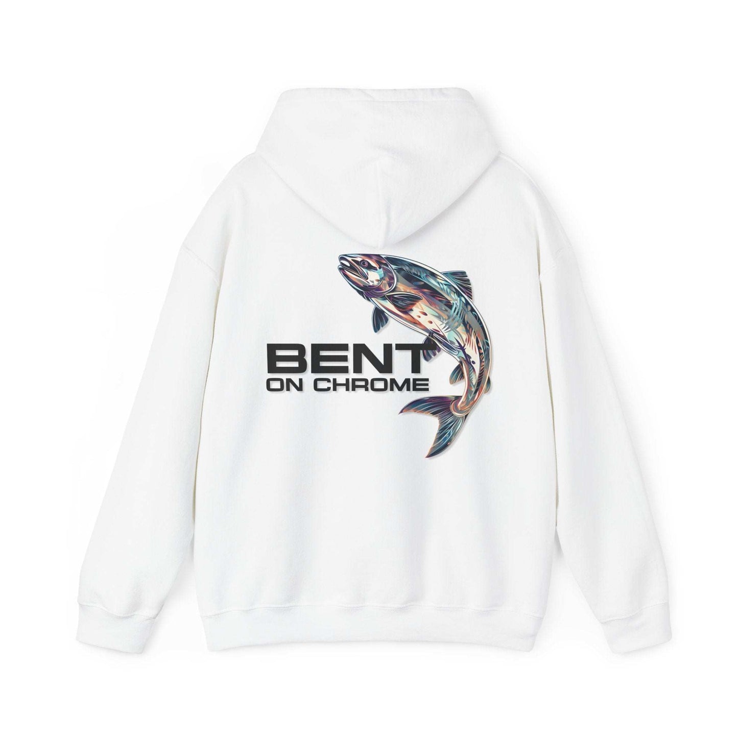 The Bent On Chrome Pull Over Hoodie - Silver Salmon, made from a cotton/poly blend, features an illustration of a fish, possibly a trout, leaping out of the water on the back. Below the fish, the text reads "BENT ON CHROME," making it perfect for any fishing enthusiast. The dark-colored unisex heavy blend hoodie is laid flat and facing backward.