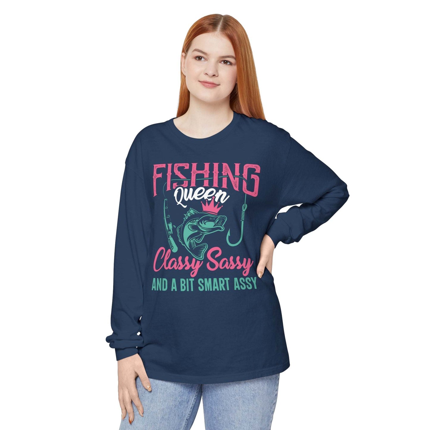 Sentence with product name: Navy blue Fishing Queen - Cotton Long Sleeve T-Shirt with pink and turquoise graphic design featuring the text "Fishing Queen" and "classy sassy and a bit smart assy" alongside an illustration of a