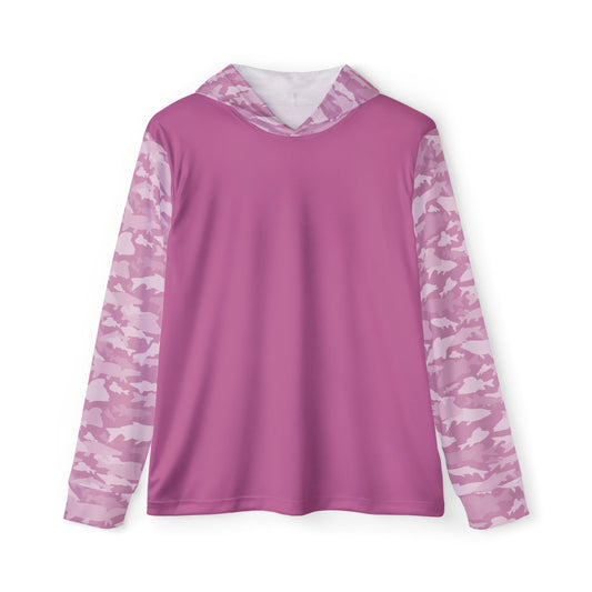 Introducing the CastAway Camo Sun Protection Hoodie UPF +50 - Light Pink, a long-sleeve hoodie with a solid purple body paired with pink camo-patterned sleeves and hood. It offers stylish UPF +50 sun protection and is showcased against a plain white background.