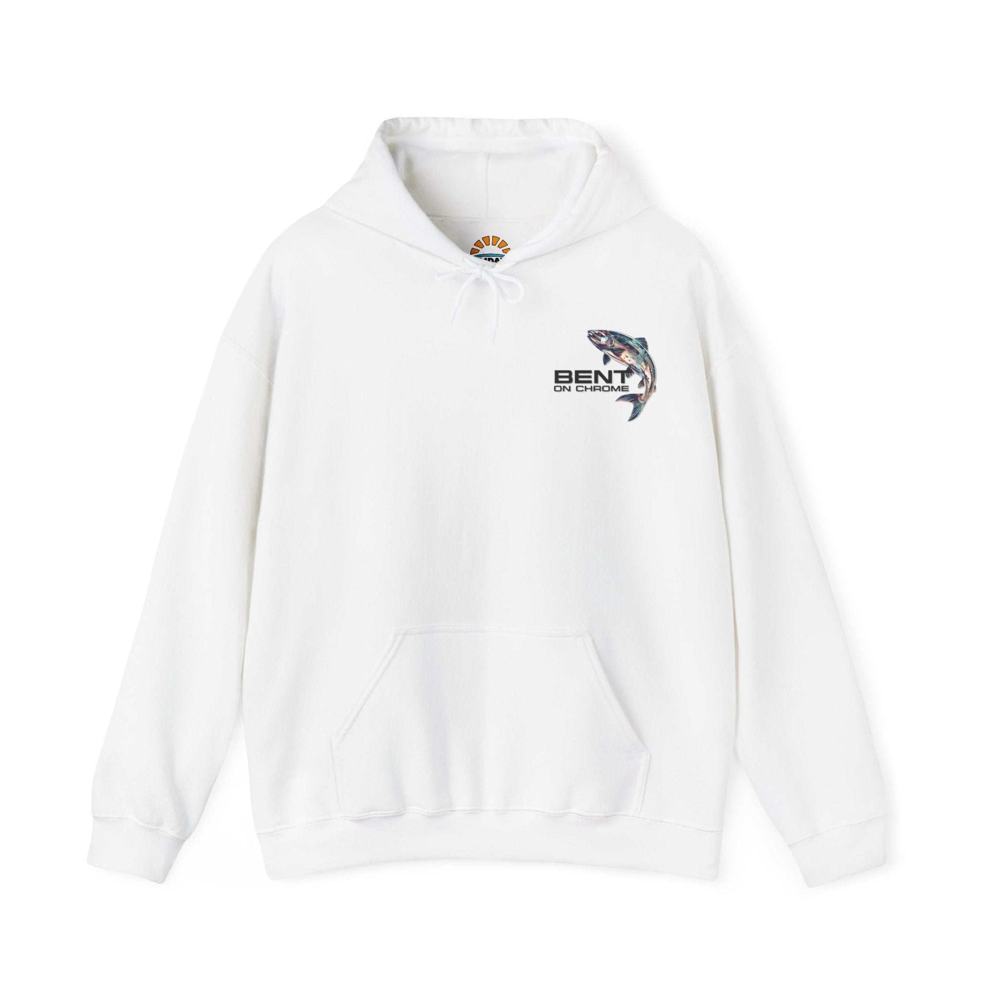 A Bent On Chrome - Silver Salmon - Cotton/Poly Blend Hoodie featuring a colorful graphic of a fish, with the text "Bent On Chrome" underneath, displayed on a white background.