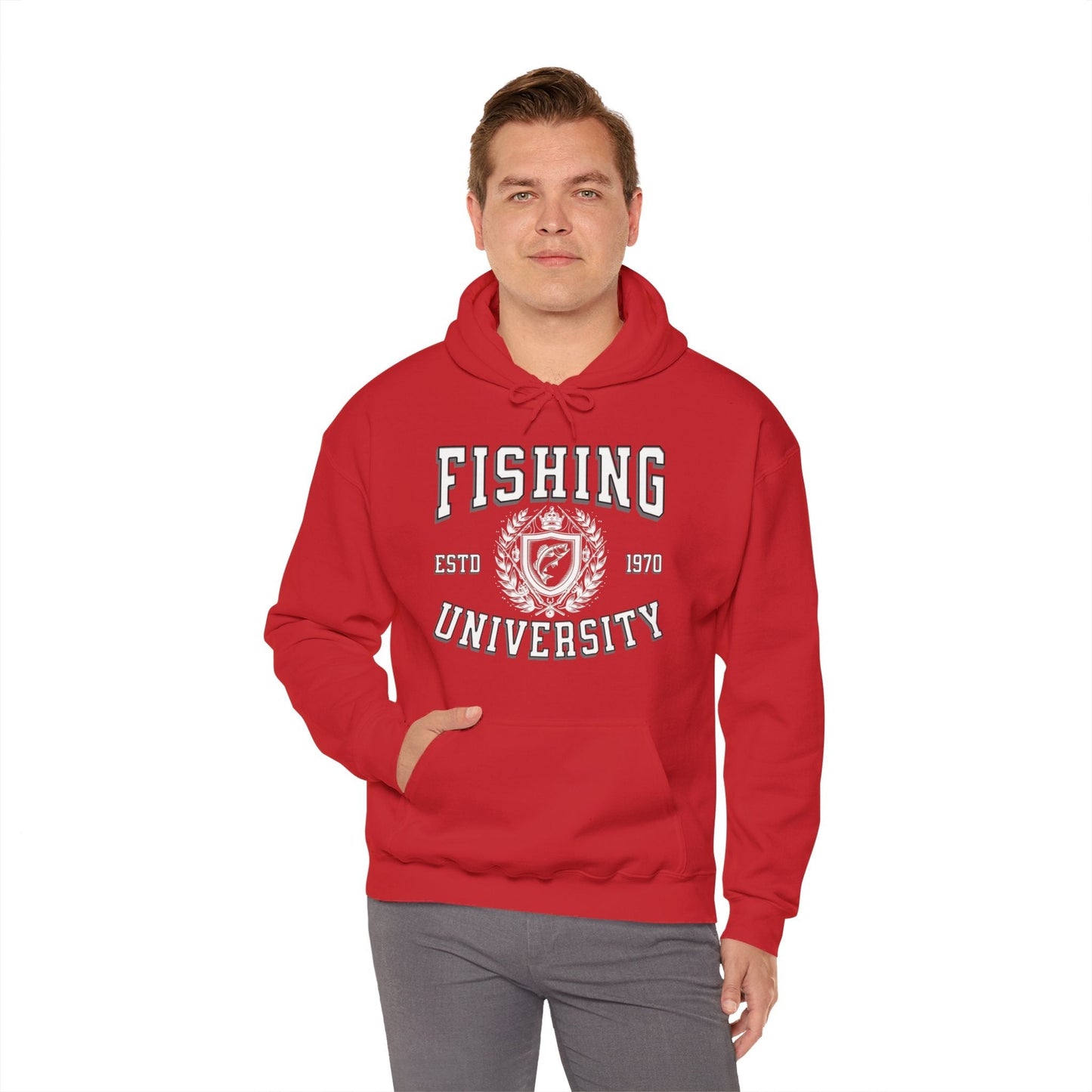 A green **Fishing University - Cotton/Poly Blend Hoodie - 7 Colors** with "Fishing University" printed in white letters on the front. The design includes "ESTD 1970" and a crest with a fish image. A red banner in the top left corner says "PERSONALIZE YEAR." This personalized hoodie features a front pocket and drawstrings.